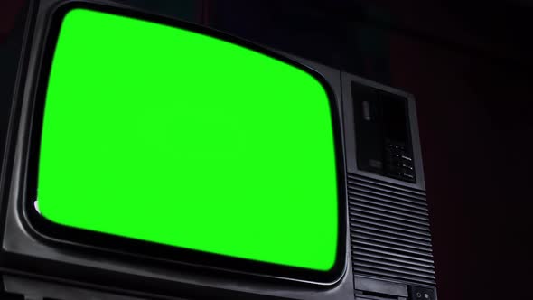 Old Television Set Green Screen. Low Angle View. 4K Version.