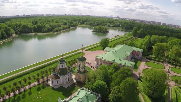 Scene of Tsaritsyno Park with big pond, aerial view