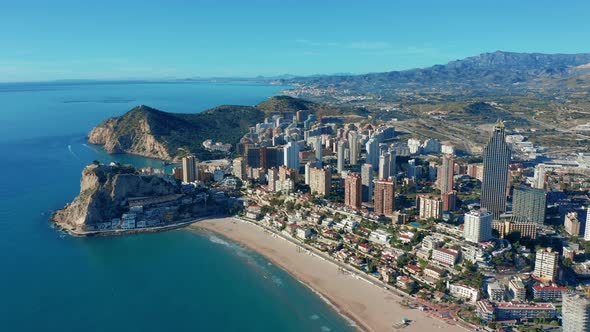 Spanish City Benidorm Buildings and Sandy Beach Poniente. Aerial View.