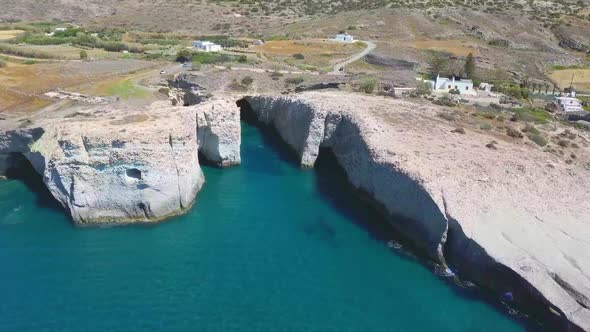 Aerial view of Cliffs and beach in Papafragas beach, Milos, Greece