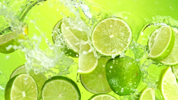 Super Slow Motion Shot of Lime Slices Falling Into Water on Green Background at 1000Fps