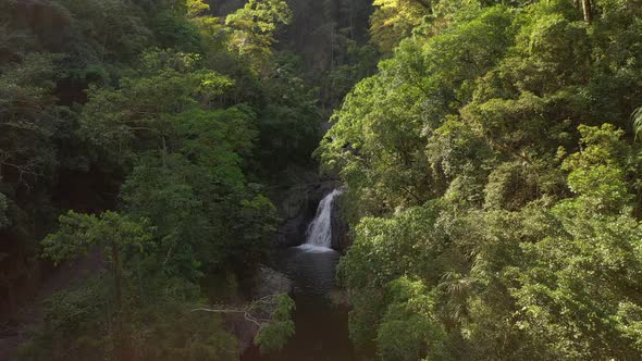 Crystal Cascades waterfall and swimming hole aerial, in Cairns, Queensland, Australia