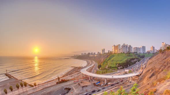 Aerial Sunset View of Lima's Coastline in the Neighborhood of Miraflores Timelapse Lima Peru