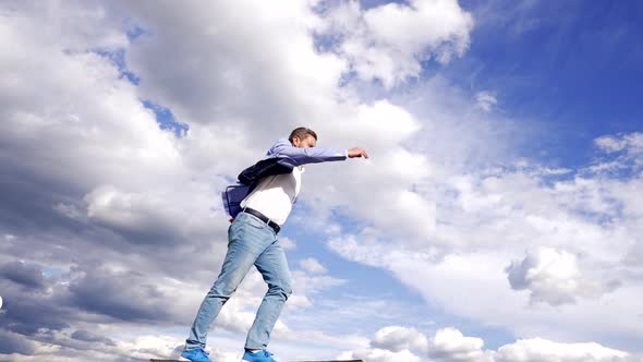 Ambitious Man Boss in Formal Suit Jump in Sky Challenge