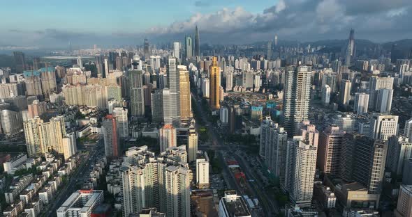 Aerial footage of landscape in downtown of shenzhen city, China