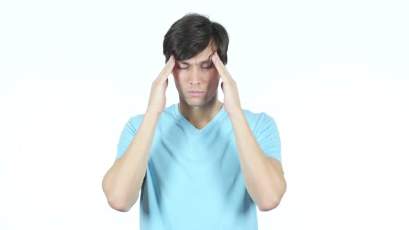 Frustrated, Upset Young Man with Headache, White Background