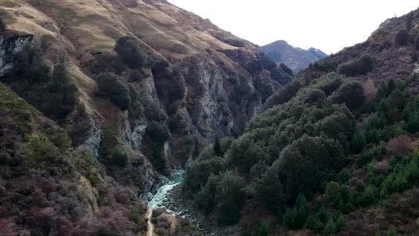 Aerial shot of Skippers canyon and Shotover River in Queenstown, Central Otago, New Zealand