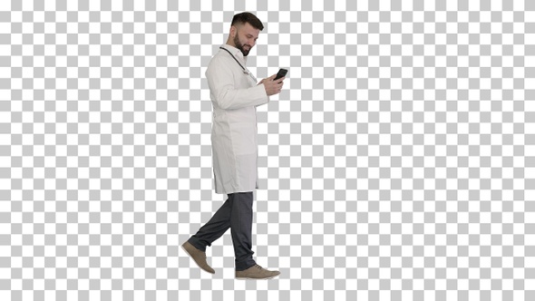 Smiling mature doctor using smartphone and laughing, Alpha Channel