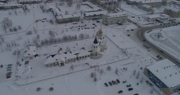 Aerial view of church in winter city 03