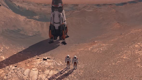 Astronaut Wearing Space Suit Walking on the Surface of Mars. Exploring Mission To Mars Red Planet