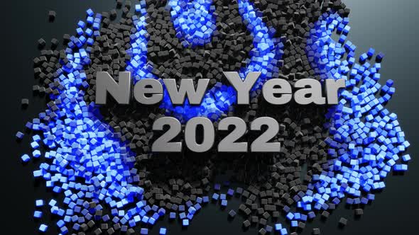 3D New Year's Looped Background with Inscription New Year and Garland Cubes Scattered on Plane Light