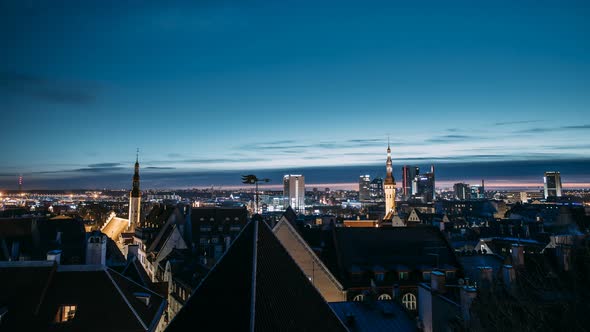 Tallinn, Estonia, Europe. Time Lapse Time-lapse Night To Day, Of Cityscape. Transition From Night To