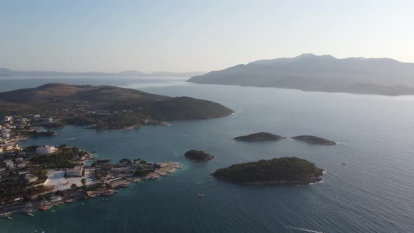 Idyllic Tropical Coastline Aerial View Paradise Beach in Albania Ksamil Beautiful Island in Bay of