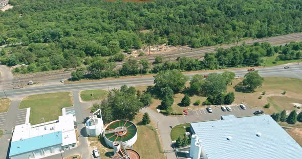 Panoramic Aerial View of Purification Tanks of Modern Wastewater Treatment Plant on Water Recycling