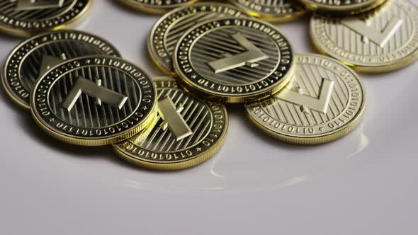 Rotating shot of Litecoin Bitcoins 