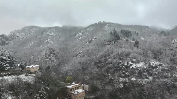 Aerial Winter Landscape of Dense Historic Center of Thiers Town in PuydeDome Department