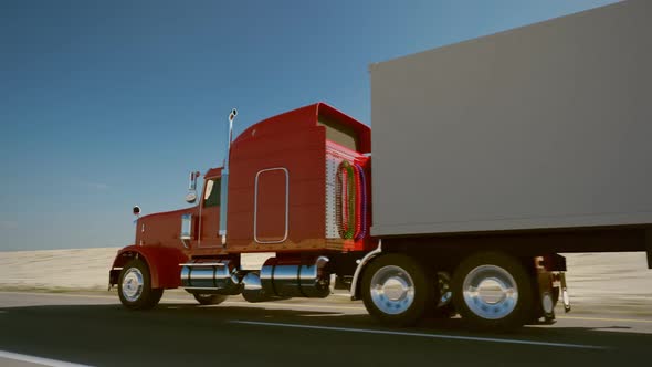 Huge semi-trailer cargo truck riding on the highway. Overall view animation. HD