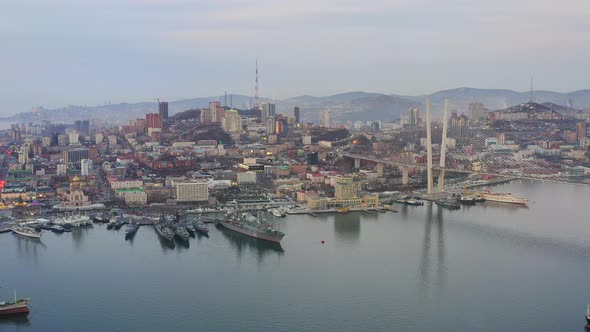 A Wonderful View From a Drone of the Golden Bridge and the City at Sunset