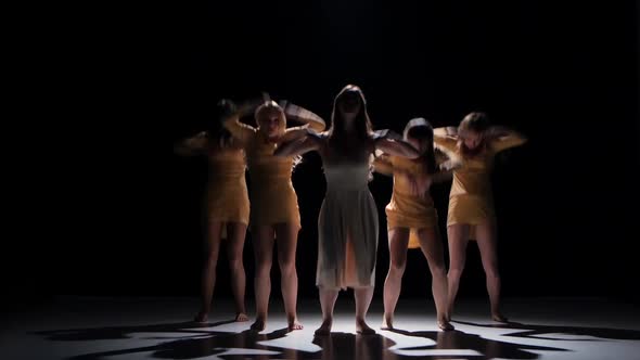 Five Talanted Girls Start Dancing Modern Contemporary Dance, on Black, Shadow