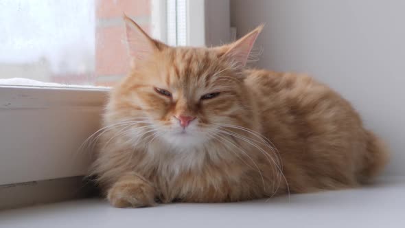 Cute Ginger Cat Lying on Window Sill. Fluffy Pet Sits at Home in Quarantine Without Walking Outside
