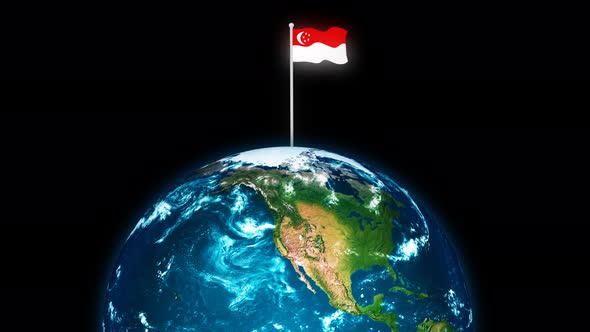 3d Rotated Planet Earth On Flying Singapore Flag Animation