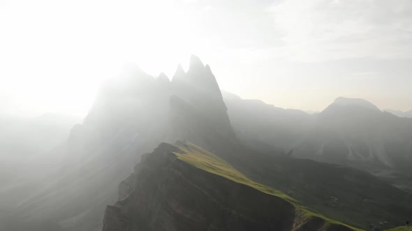 Drone Flying to Geisler Mountain Group, Dolomites Italy