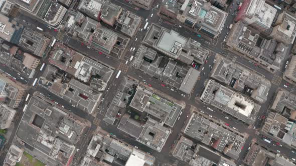 Top down diagonal drone shot of Glasgow grid street