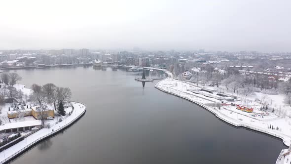 Aerial: The Christmas tree on the Upper Lake in the wintertime