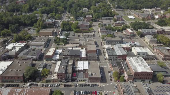 Aerial dolly right view over downtown Stillwater Minnesota in summer