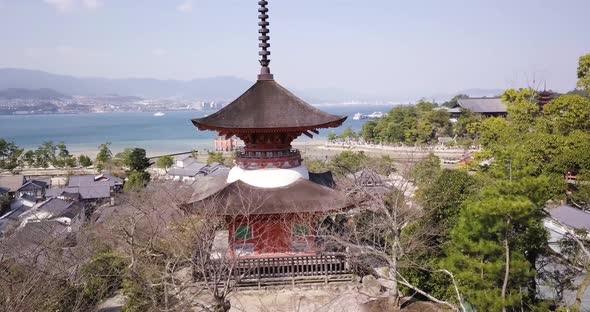 Drone Footage of Tahoto Pagoda on Miyajima Island Japan