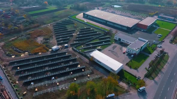 Drone aerial view of modern photovoltaic electricity system