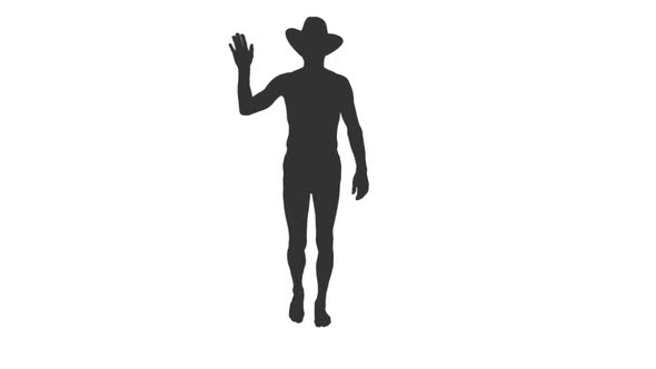 Silhouette of Friendly Young Man Walks and Waving Hand Hi
