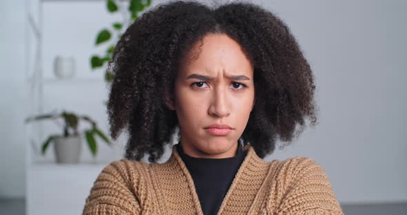 Portrait of Lonely Offended Afro American Woman Says No Frowning Eyebrows Waving Says No Shows