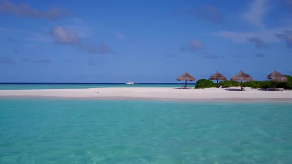 Romantic panorama of exotic bay beach trip by ocean and sand background before sunset