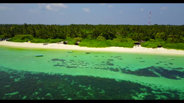 Aerial flying over nature of paradise lagoon beach holiday by transparent lagoon and white sand back