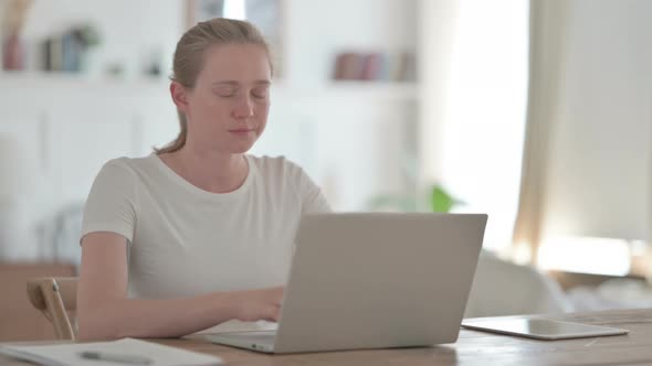 Beautiful Young Woman Closing Laptop Standing Up Going Away