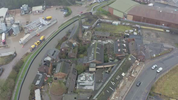 Aerial view of Kensington Pottery Works an old abandoned, derelict pottery factory and bottle kiln l