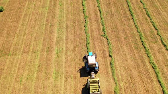 Tractor collects dried grass for feeding livestock