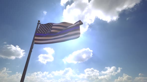 American Blue Line Police Flag on a Flagpole V4