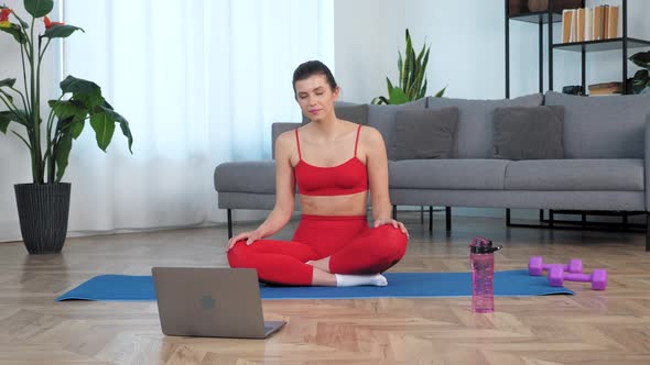 Fit Woman Greets Tells Listen Fitness Trainer Study Online Video Call Laptop