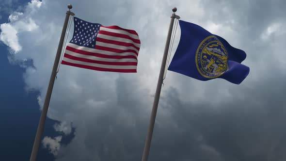 Waving Flags Of The United States And The  Nebraska State  4K