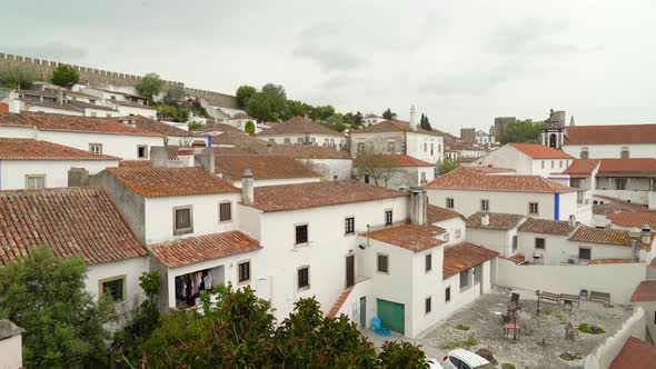 Old Traditional Houses with Red Tile Roofs Covered with Moss in Castle of Óbidos