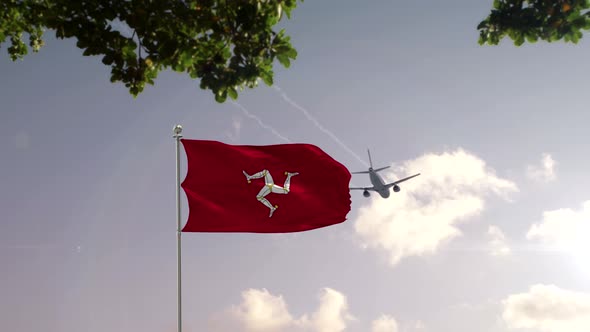 Isle of Man Flag With Airplane And City -3D rendering