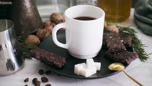 Morning Breakfast with Coffee, Milk and Nuts