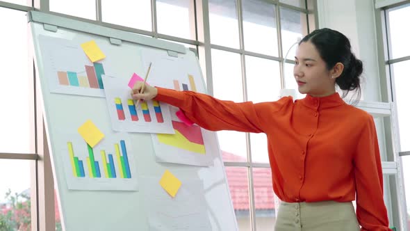 Young Woman Explains Business Data on White Board