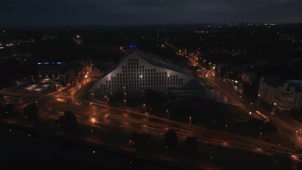Aerial View of the Latvian National Library in Riga During Epic Sunset