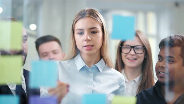 Young Businesswoman Working with Multicolored Sticky Stickers Team Meeting at Modern Office