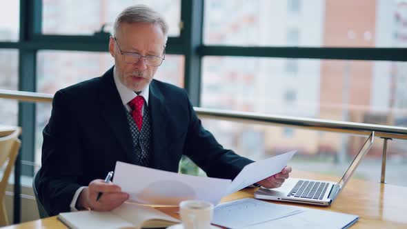 Thoughtful businessman is reading important business papers