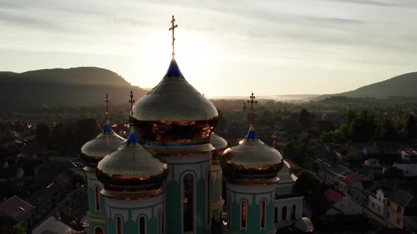 Christian Church at Sunset Aerial View Temple in the Transcarpathia Ukraine