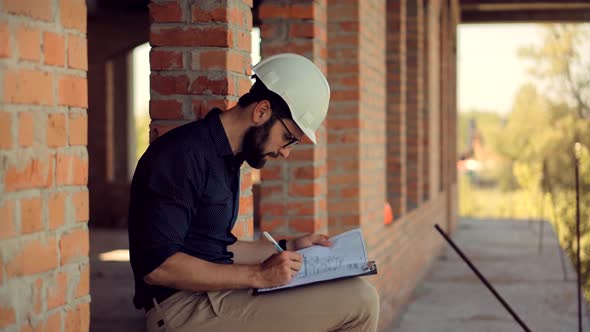 Engineer Developer In Helmet Inspecting Building. Builder Constructor Specialist. Civil Engineer.